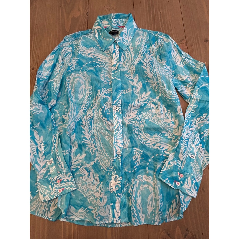 G26‎ Talbots Petite Blue White Paisley Batik Button Down Shirt Blouse SP lght